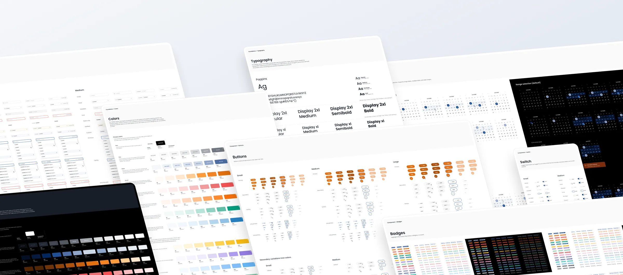 Planches du design system myProman : couleurs, typographie, boutons, badges et composants en mode clair et sombre