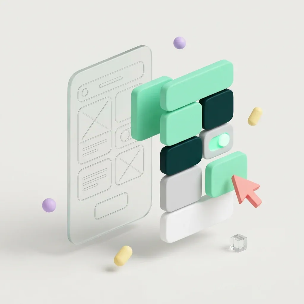 Maquette d’interface en verre à côté de blocs colorés qui s’assemblent en application